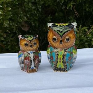 Vintage Cloisonné Owl Figurines Colorful Enamel Set of 2